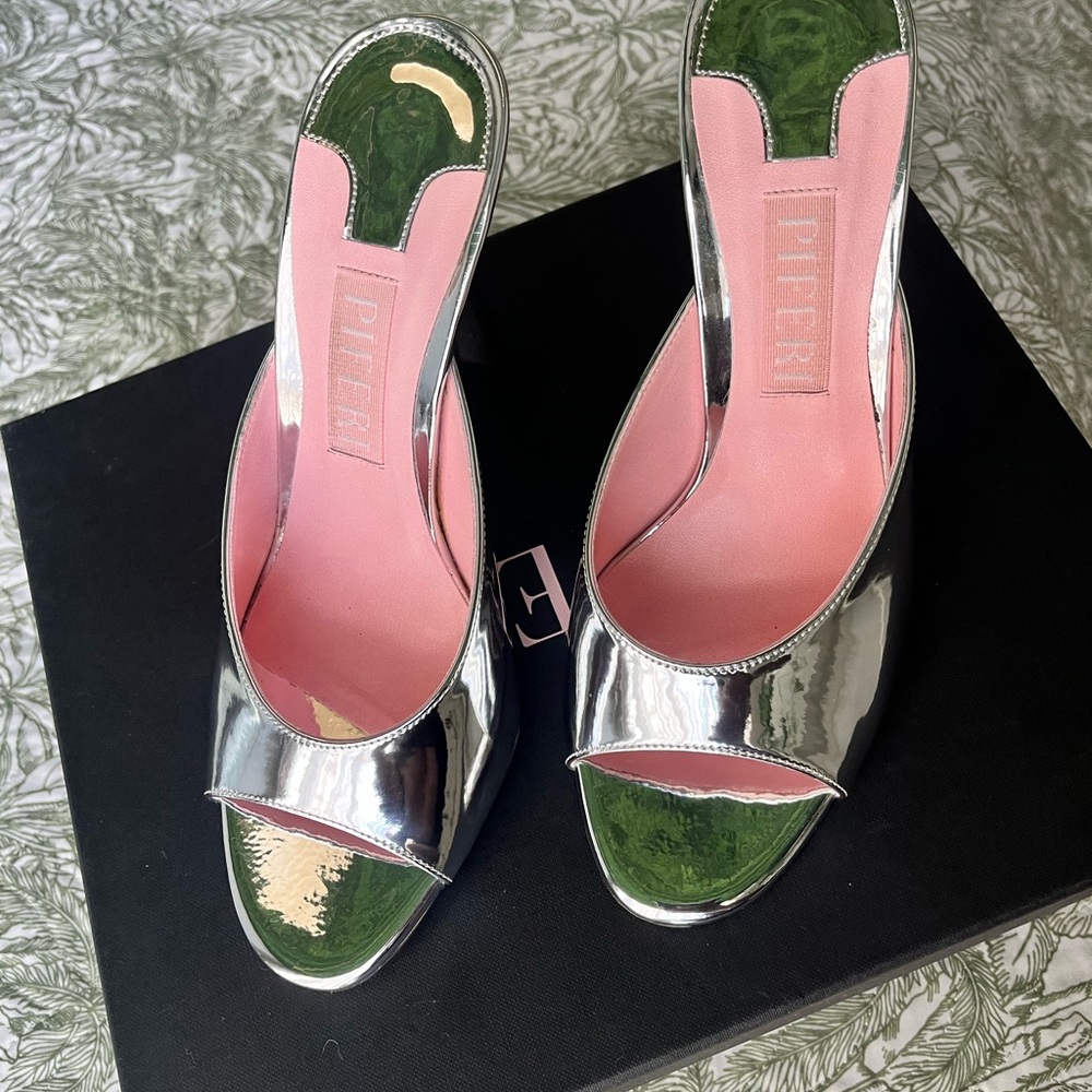 Piferi Silver Tiana Metallic Vegan Slide Sandal Heels - EU 39